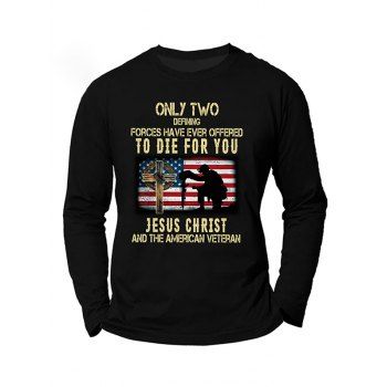 

Slogan American Flag Soldier Cross Print Graphic Long Sleeve Cotton Round Neck Tee, Black