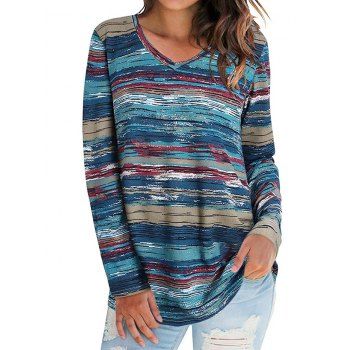 

Colored Printed T Shirt Long Sleeve T Shirt V Neck Casual Tee, Multicolor