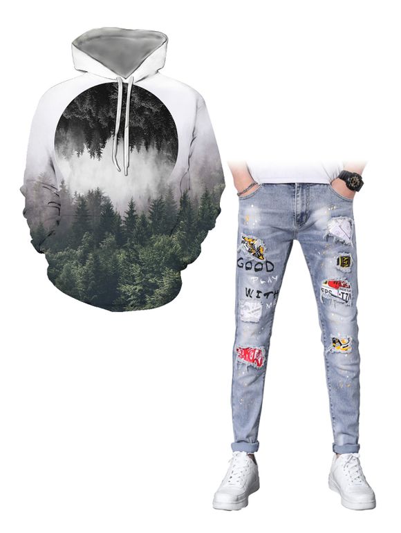 Ensemble de Sweat à Capuche Décontracté à Imprimé Fumée et Paysage de Forêt avec Poche Kangourou et Jean Droit - multicolor A M