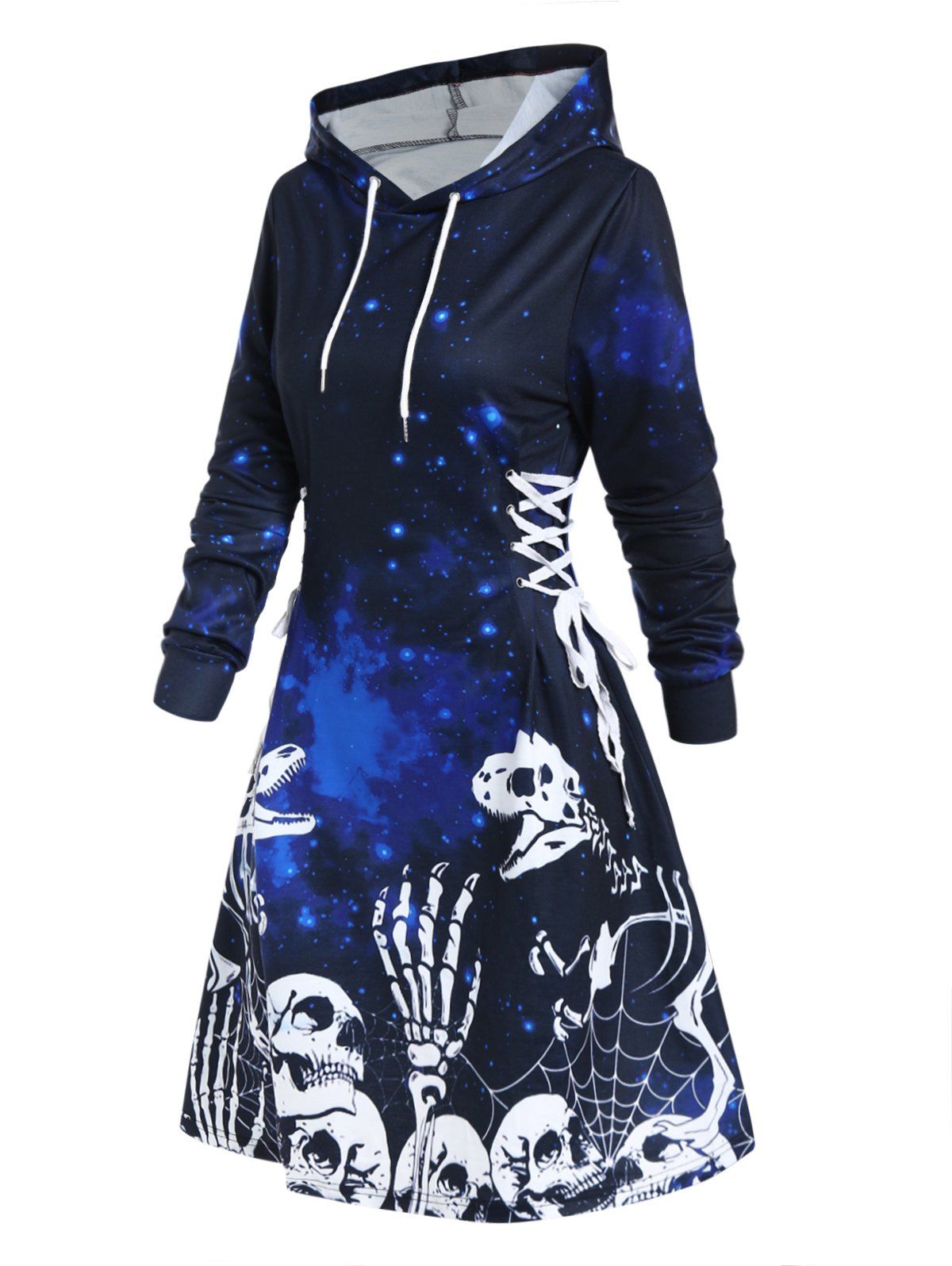 Mini Robe Ligne A à Capuche D'Halloween à Imprimé Crâne Squelette à Manches Longues à Cordon - Bleu profond M