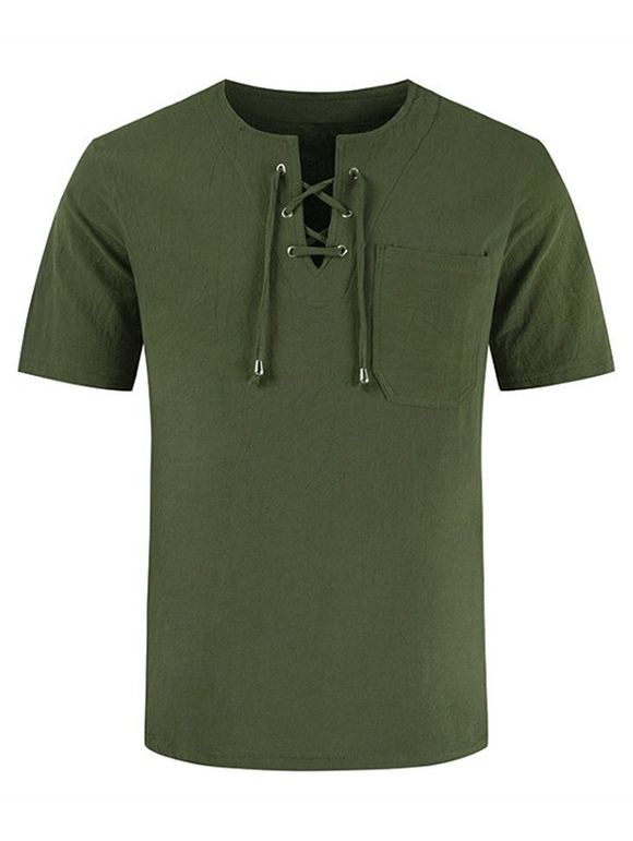 T-shirt Décontracté Simple Patch avec Poche Manches Courtes à Lacets - Vert profond 3XL