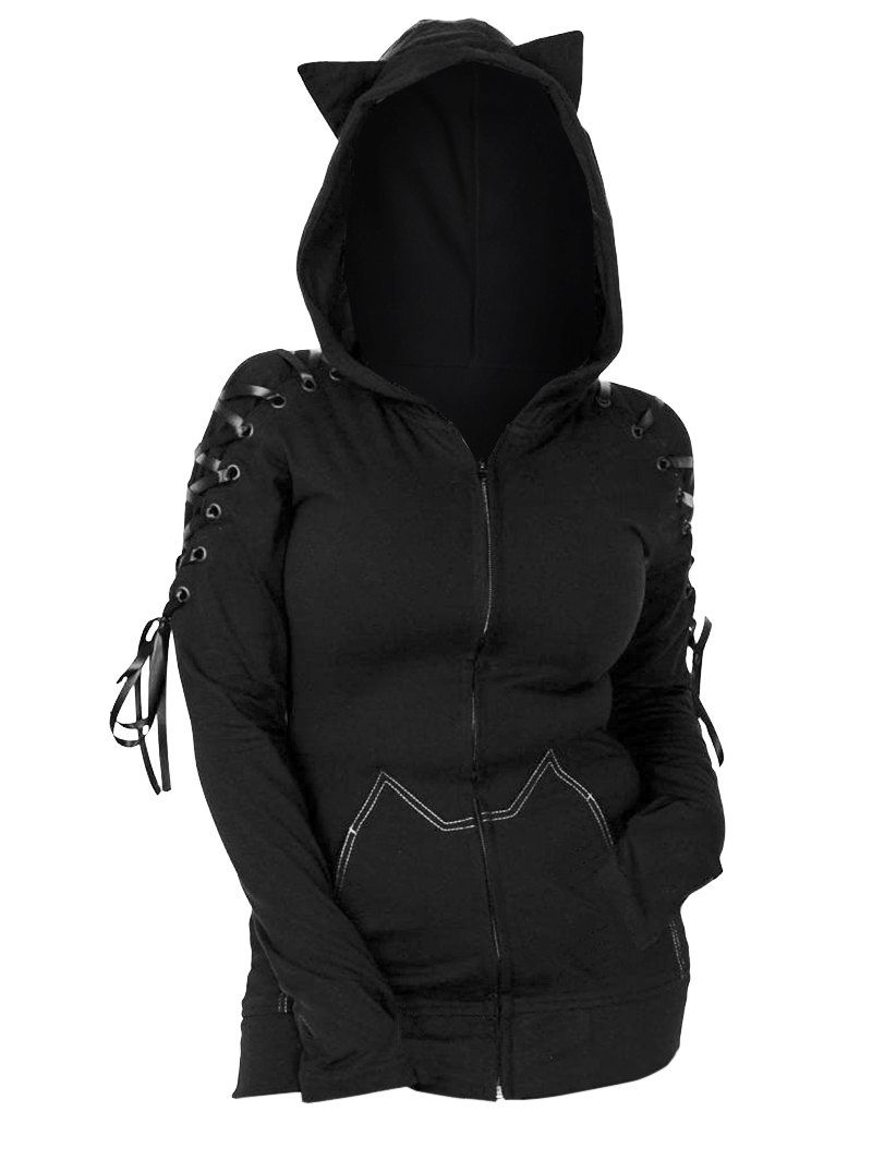 Manteau à Capuche Zippé Gothique Surpiqûres Oreille de Chat en Laine à Lacets - Noir XXXL