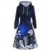 Halloween Hoodie Dress Galaxy Skeleton Skull Print Drawstring Long Sleeve A Line Mini Hooded Dress - DEEP BLUE S