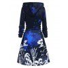 Halloween Hoodie Dress Galaxy Skeleton Skull Print Drawstring Long Sleeve A Line Mini Hooded Dress - DEEP BLUE XL