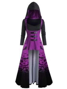 Gothic Dress Colorblock Faux Twinset Dress Hooded Bat Print A Line Midi Halloween Dress