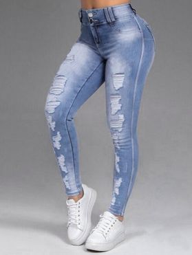 Casual Jeans Zipper Fly Light Wash Solid Color Pockets Ripped Long Skinny Denim Pants
