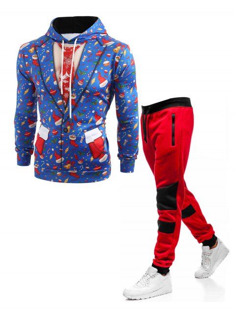 Christmas Elements Blazer 3D Print Hoodie And Colorblock Panel Drawstring Elastic Waist Sweatpants Outfit