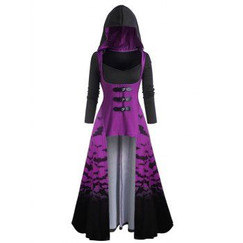 

Gothic Dress Colorblock Faux Twinset Dress Hooded Bat Print A Line Midi Halloween Dress, Purple