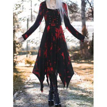 

Tie Dye Dress Lace Up Dress Long Sleeve High Waisted Handkerchief Hem Dress, Red