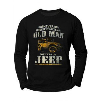 

OLD MAN WITH A JEEP Slogan Print Graphic Cotton T-shirt Long Sleeve Round Neck Casual Tee, Black