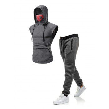 

Mask Skull Pullover Hooded Vest And Contrasting Drawstring Sweatpants Casual Outfit, Gray