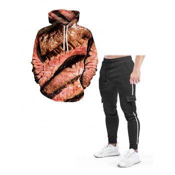 

3D Steak Print Kangaroo Pocket Drawstring Hoodie And Striped Pockets Beam Feet Sports Sweatpants Outfit, Orange