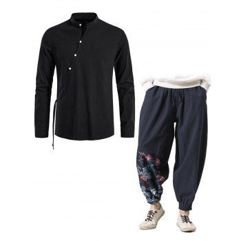 

Plain Color Side Button Slit Stand Collar Long Sleeve Vintage Shirt And Chinoiserie Print Beam Feet Loose Pants Outfit, Black