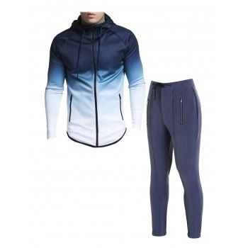 Ombre Raglan Sleeve Zip Up Sport Hooded Jacket And Drawstring Waist Zip Fly Beam Feet Pants Outfit