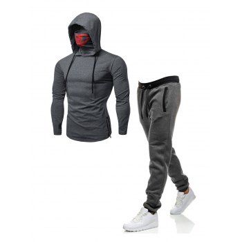 Zipper Drawstring Thumb Hole Skull Mask Hoodie And Contrasting Elastic Waist Sport Sweatpants Outfit