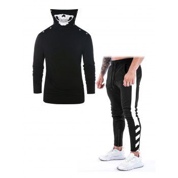 

Skull Smile Print High Collar T-shirt And Colorblock Zipper Hem Drawstring Sports Jogger Sweatpants Set, Black