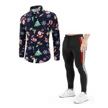 

Snowflakes Santa Candy Printed Shirt And Colorblock Panel Drawstring Sweatpants Christmas Outfit, Black