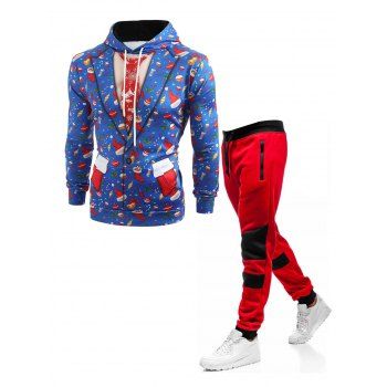 

Christmas Elements Blazer 3D Print Hoodie And Colorblock Panel Drawstring Elastic Waist Sweatpants Outfit, Blue
