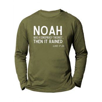 

Contrasting Letter Slogan Print Cotton T-shirt Long Sleeve Round Neck Tee, Army green