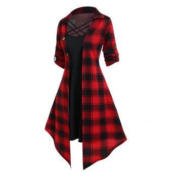 

Colorblock Set Crisscross A Line Cami Dress And Mock Button Plaid Print Long Sleeve Top, Red
