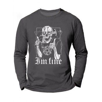 

Graphic T Shirt Halloween T Shirt Skull Letter Print Round Neck Long Sleeve Tee, Gray