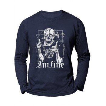 

Graphic T Shirt Halloween T Shirt Skull Letter Print Round Neck Long Sleeve Tee, Cadetblue