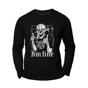 

Graphic T Shirt Halloween T Shirt Skull Letter Print Round Neck Long Sleeve Tee, Black