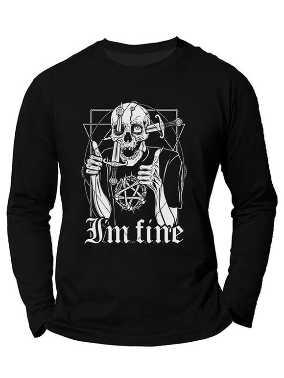 T-shirt D'Halloween à Imprimé Lettre Graphique Crâne Manches Longues à Col Rond - Noir 3XL