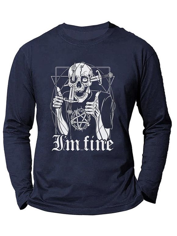 T-shirt D'Halloween à Imprimé Lettre Graphique Crâne Manches Longues à Col Rond - Cadetblue 3XL