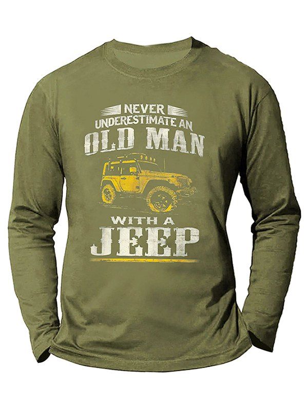 OLD MAN WITH A JEEP Slogan Print Graphic Cotton T-shirt Long Sleeve Round Neck Casual Tee - ARMY GREEN L