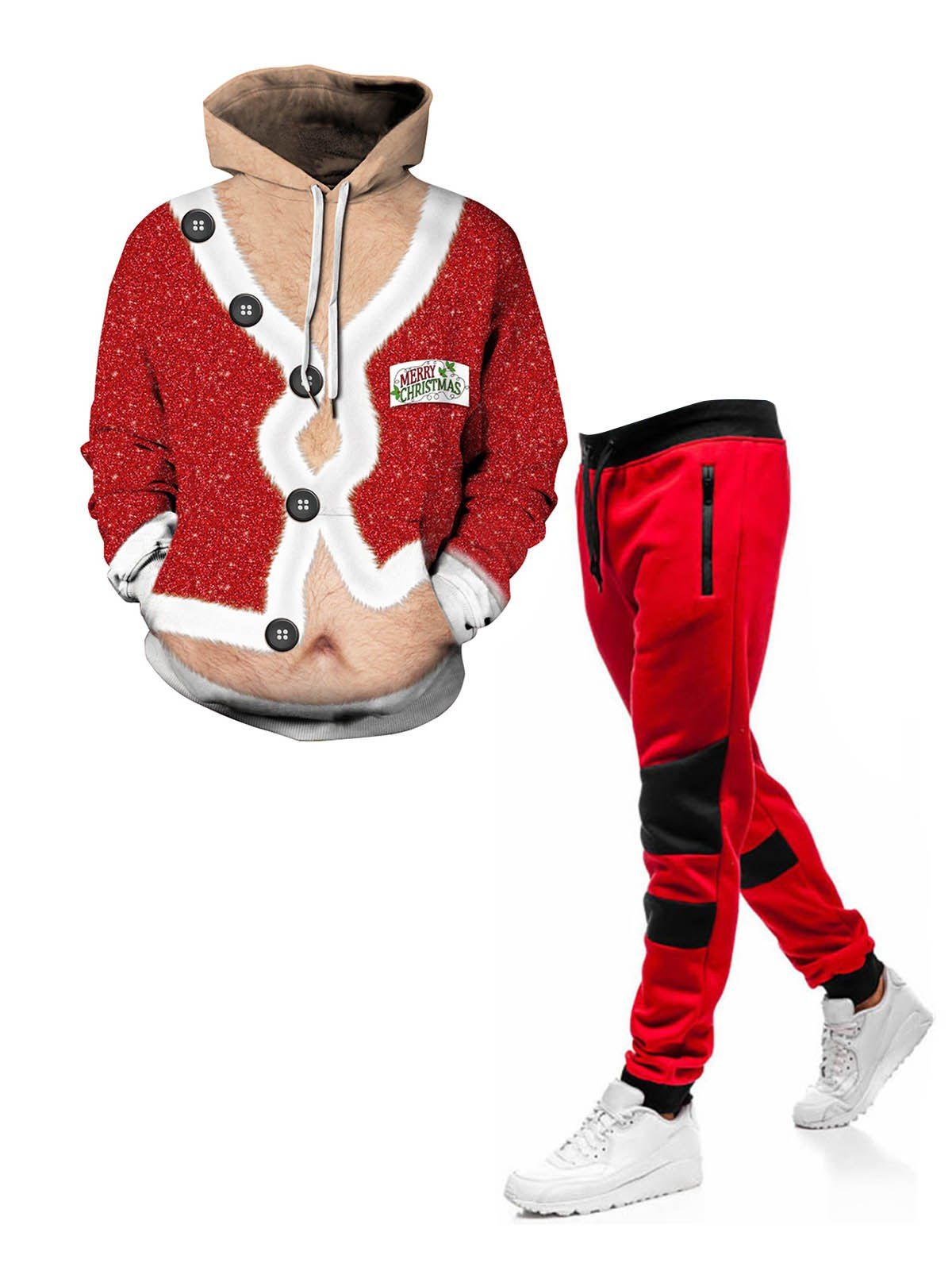 Ensemble de Manteau à Capuche de Noël avec Poches et Pantalon de Survêtement Panneau en Blocs de Couleurs et Boutons - Rouge M