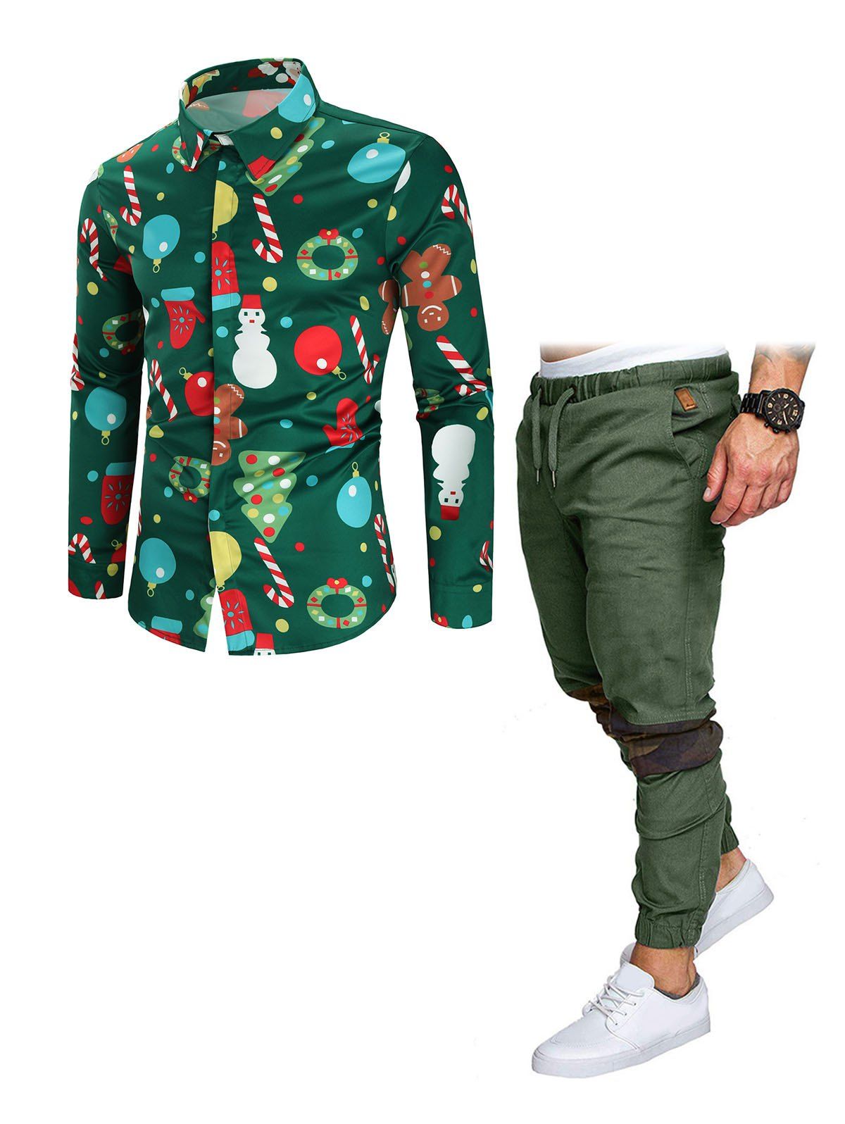 Pantalon de Jogging Décontracté Boutonné Panneau Camouflage et Chemise à Imprimé Thème de Noël - Vert profond M