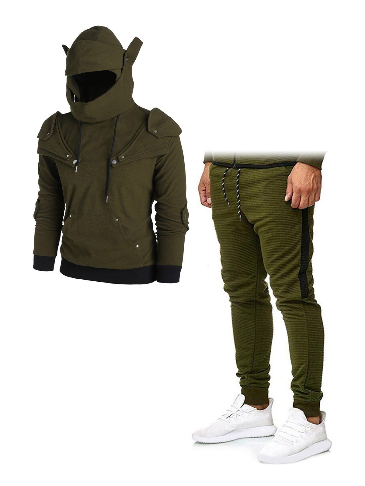 Kangaroo Pocket Long Sleeve Pullover Hoodie And Contrast Side Leisure Jogger Pants Casual Outfit - DEEP GREEN M