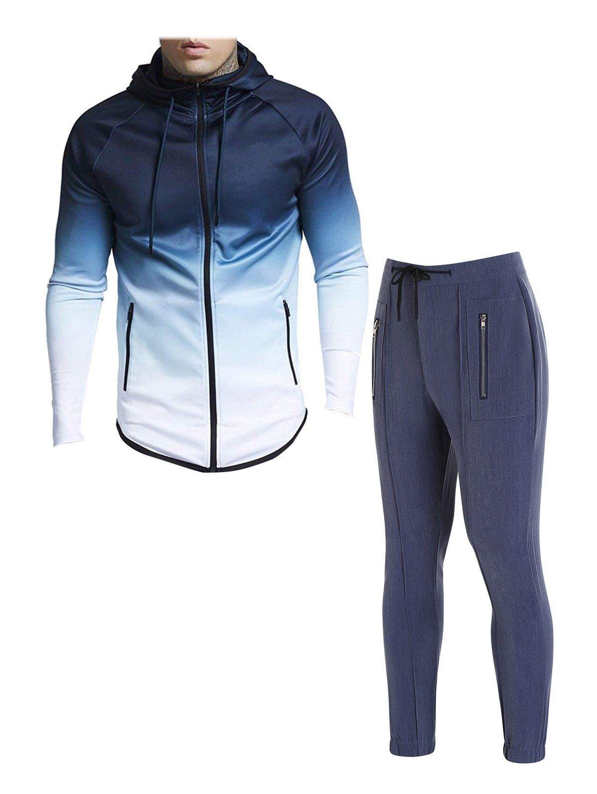 Ombre Raglan Sleeve Zip Up Sport Hooded Jacket And Drawstring Waist Zip Fly Beam Feet Pants Outfit - BLUE M