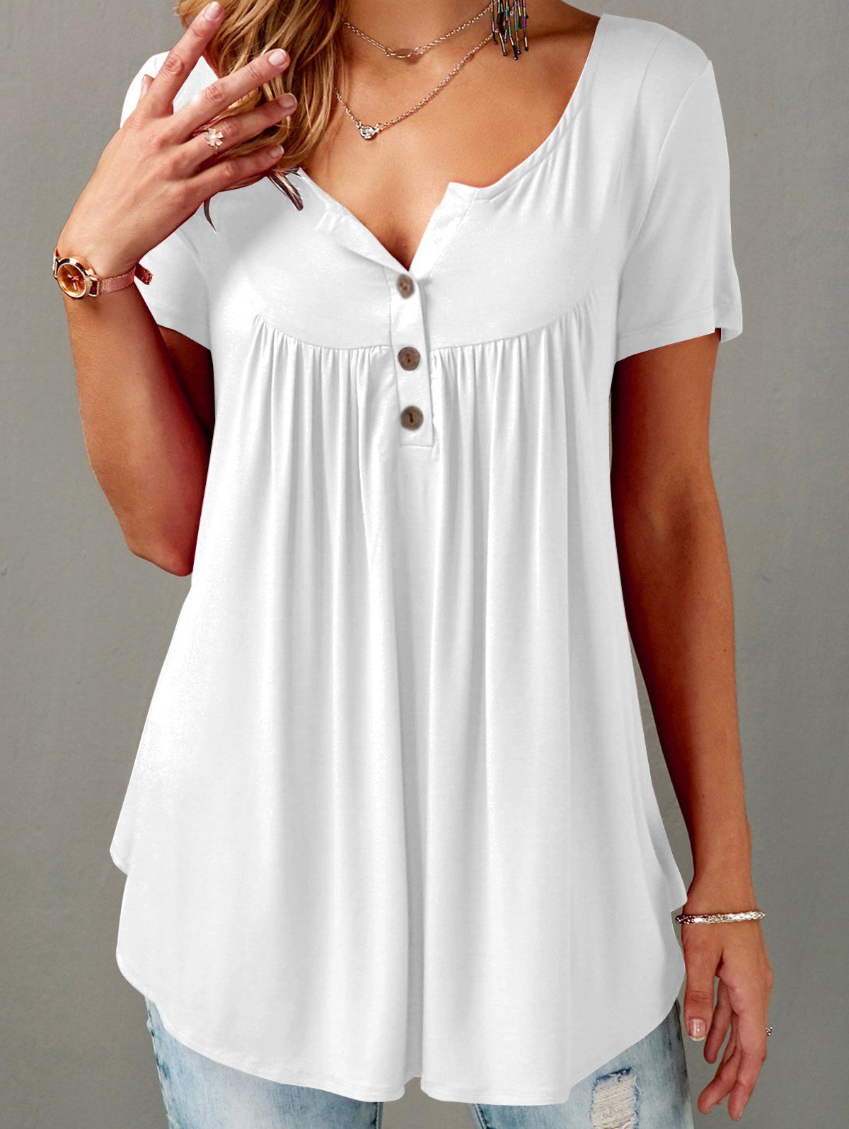 Plain Color T Shirt Curved Hem Short Sleeve Casual T-shirt A-quarter-Button Tee - WHITE XL