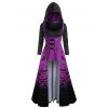 Gothic Dress Colorblock Faux Twinset Dress Hooded Bat Print A Line Midi Halloween Dress - PURPLE 3XL