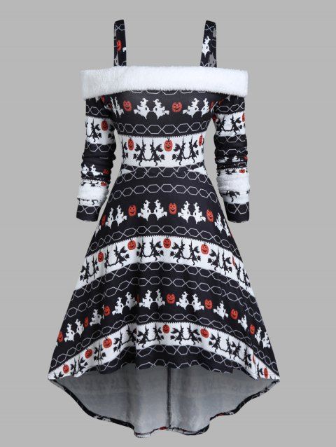 Pumpkin Witch Geometric Graphic Halloween Knit Dress Fuzzy Cold Shoulder Long Sleeve Knitted Midi Dress