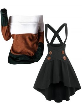 Off Shoulder Colorblock Sweater And Mock Button Crossover High-low Suspender Skirt Outfit
