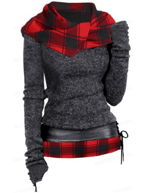Plaid Print Hooded Knit Top Long Sleeve Surplice Hood Knitted Top With Lace-up Belt