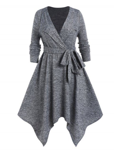 Plus Size Dress Space Dye Belted Plunging Neck Long Sleeve Midi Handkerchief Dress