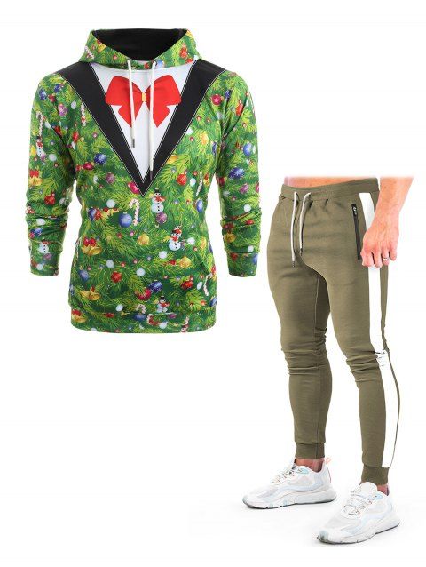 Christmas Tree Blazer Print Drawstring Hoodie And Colorblock Striped Trim Sweatpants Casual Outfit