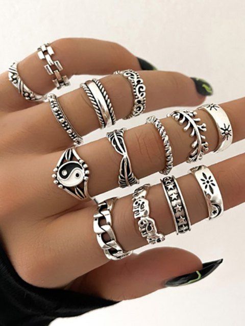 14Pcs Taichi Floral Leaf Alloy Round Finger Rings Set