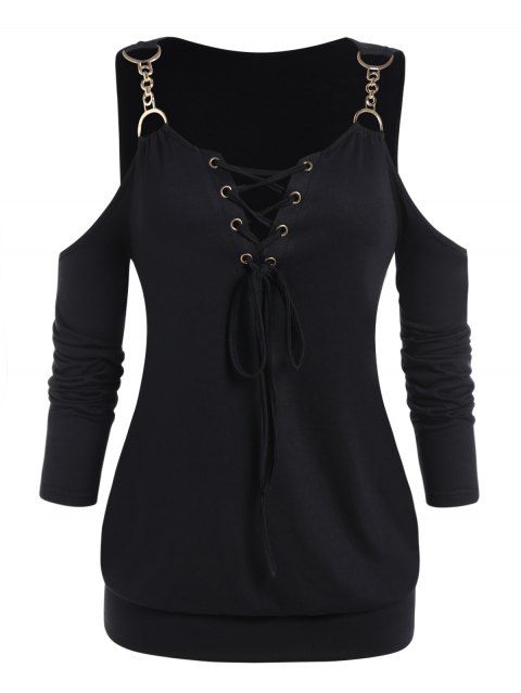 Plus Size & Curve T-shirt Cold Shoulder D-ring Chain Long Sleeve Tee