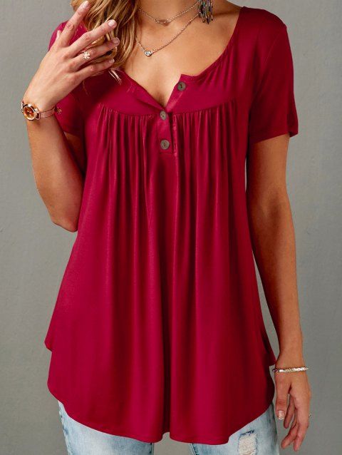 Plain Color T Shirt Curved Hem Short Sleeve Casual T-shirt A-quarter-Button Tee
