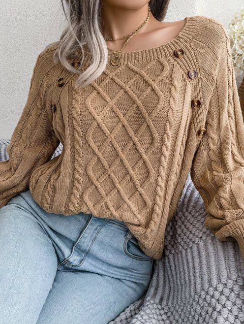 Pull en Tricot à Câble Boutonné à Manches Raglan à Col Rond
