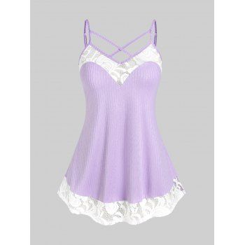 

Plus Size Lace Insert Criss Cross Ribbed Cami Top, Light purple