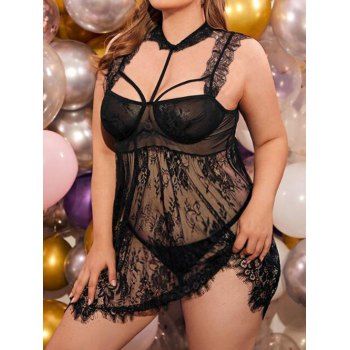 

Plus Size Lingerie Dress Lace Lingerie Cut Out Scalloped Sheer Lingerie, Black