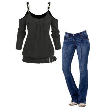 

Cold Shoulder Chain Detail Buckle Strap T Shirt And Topstitching Pockets Flare Jeans Casual Outfit, Multicolor