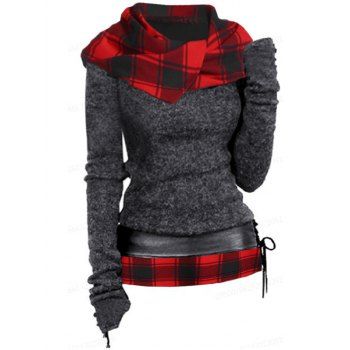 

Plaid Print Hooded Knit Top Long Sleeve Surplice Hood Knitted Top With Lace-up Belt, Dark gray