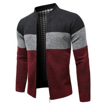 

Colorblock Fleece Lining Knit Jacket Zip Up Stand Up Warm Knitted Jacket, Red